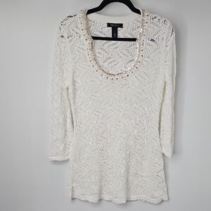 WHBM Milky White Open Knit Tunic w Sparkly Metallic Bead & Crystal Neckline Sz:L